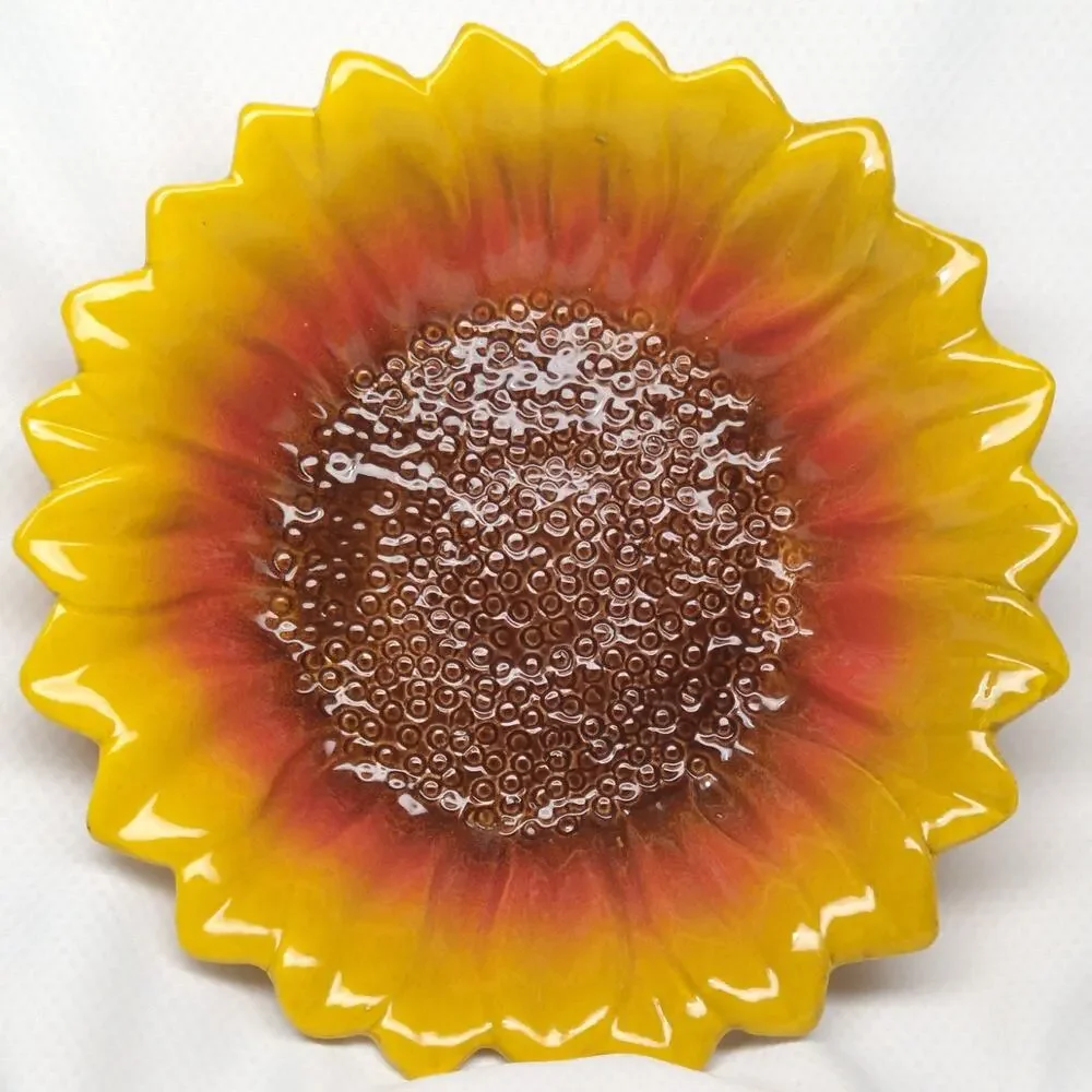 Vintage Ceramic Sunflower Bowl Textured Majolica Style 1970s Yellow Orange Japan